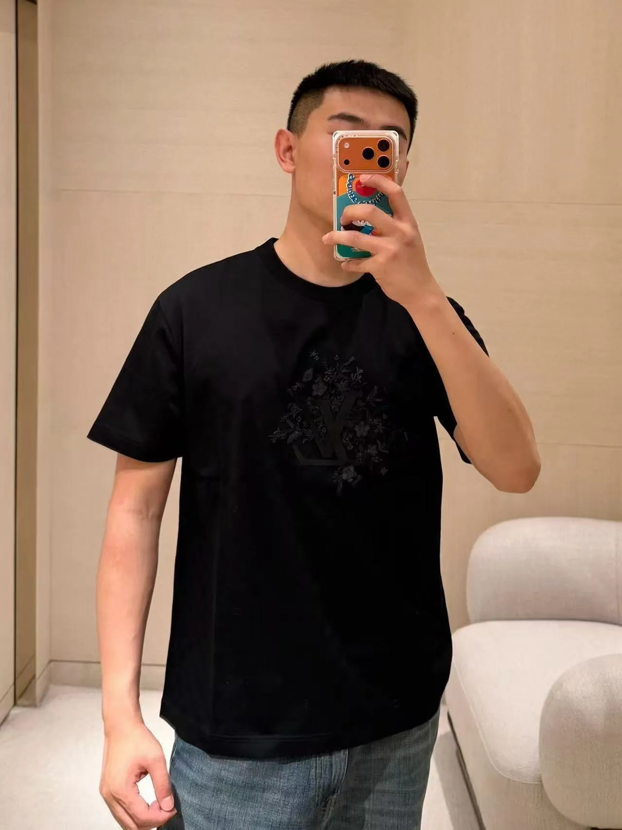 Louis Vuitton/Louis Vuitton floral embroidered checkerboard short sleeves